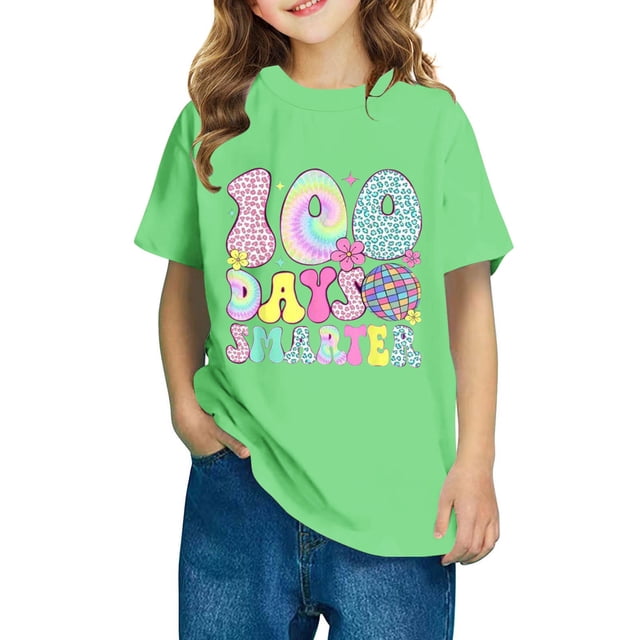 Fiudx Camiseta para Niños, Mezcla de Poliéster Suave, Cuello Redondo, Manga Corta, Cómoda, Informal, para Uso Diario, para Niños y Niñas, Diseño "100 Días de Clases", para Usar En Las Cuatro Estacion