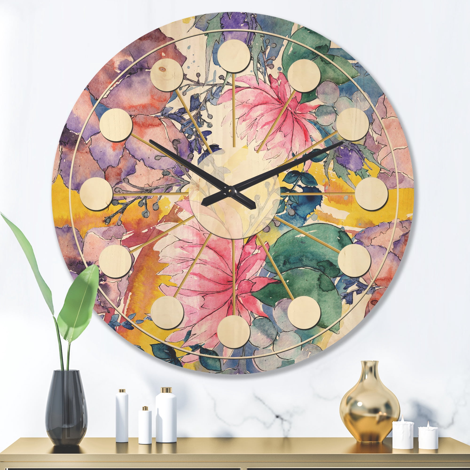 Designart 'Floral Botanical Retro XV' Mid-Century Modern Wood Wall Clock