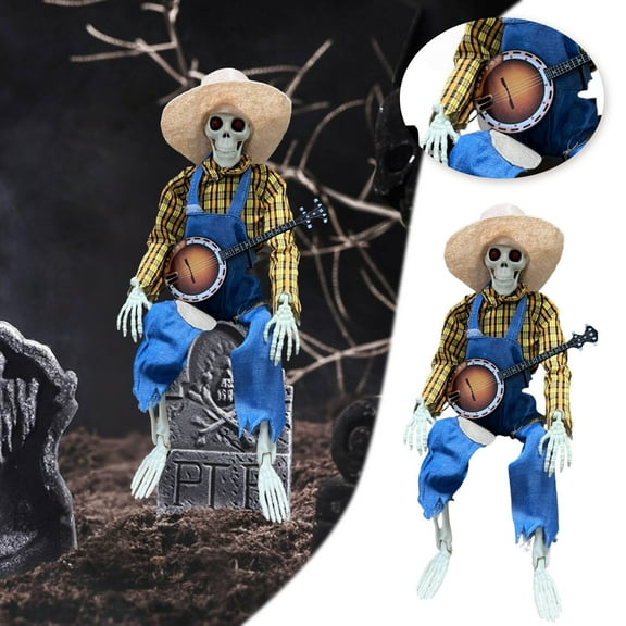 1Pcs Halloween Banjo Playing Skeletons, Funny Animated Dueling Banjo Skeletons Country Cowboy Skeleton Musicians with Movable Joints for Prop Decor halloween decorations (15.75 In ,Yellow)