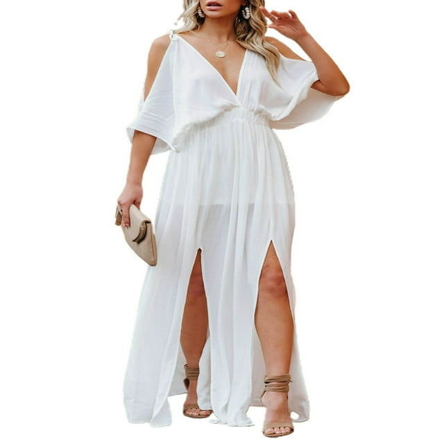Women‘s Summer Split Maxi Dress Off Shoulder Deep V Neck Solid Color Mid Sleeve Loose Evening Party Dress