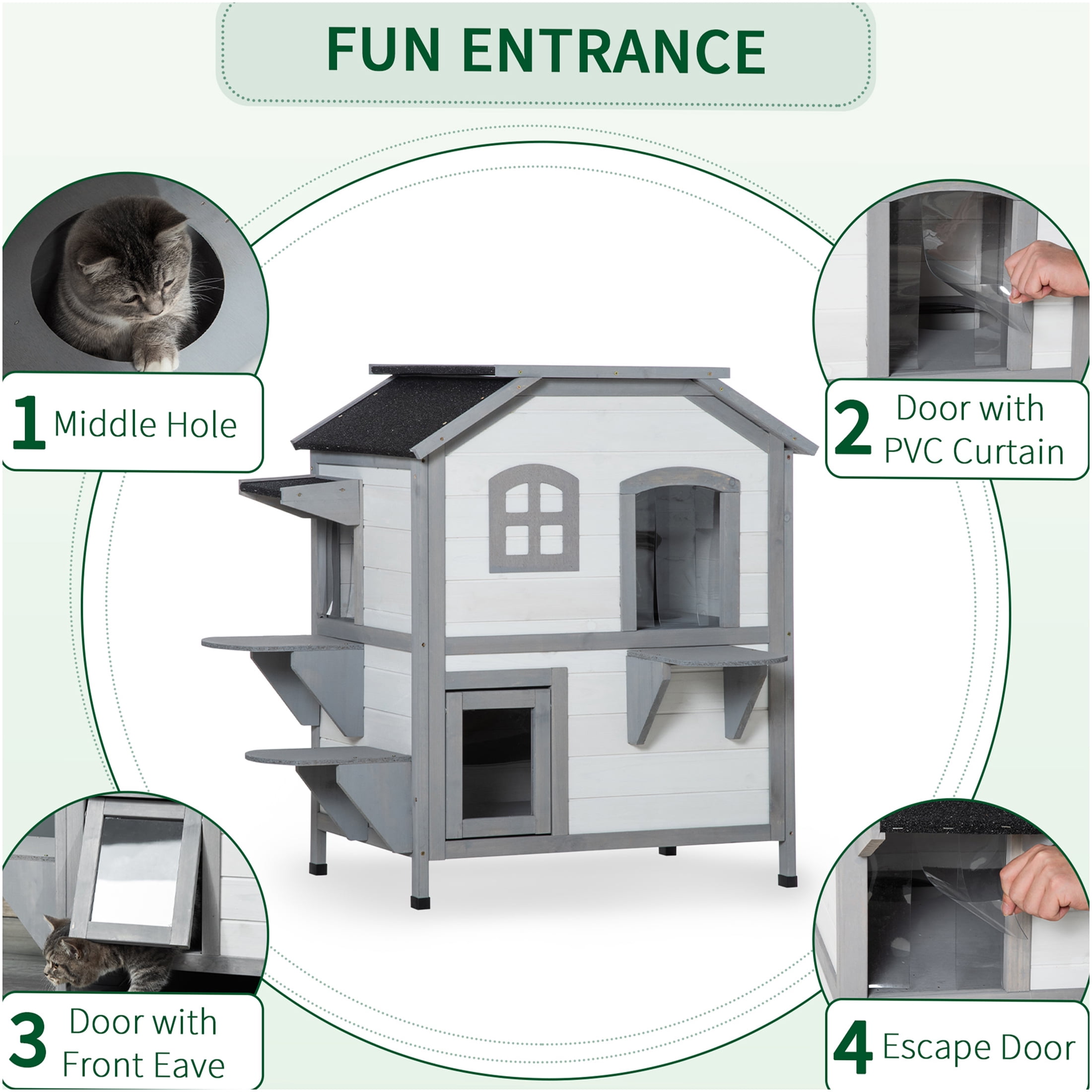 JERFIT Outdoor Cat House, 2-Story Wooden Catio with Escape Door, Waterproof Asphalt Roof, Jumping Platforms, for Feral & Indoor Cats, Easy Assembly, White