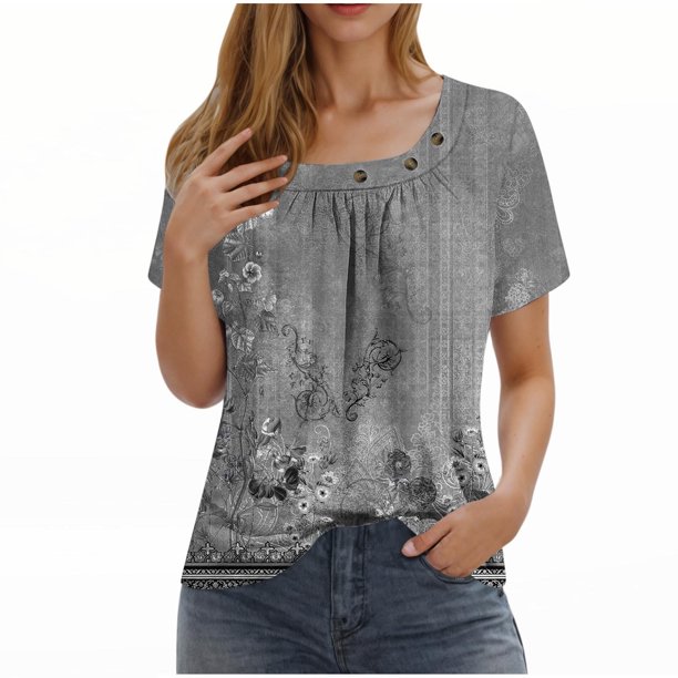 Camisetas de Cuello Redondo Impreso Gradiente de las Mujeres, Manga Corta Casual Top para el Uso Diario