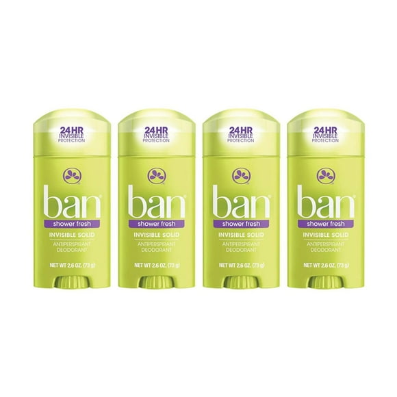 Ban Shower Fresh 24-hour Invisible Antiperspirant, Solid Deodorant for Women and Men, Underarm Wetness Protection, with Odor-fighting Ingredients, 2.6 Ounce, 4 Count (Pack of 1)