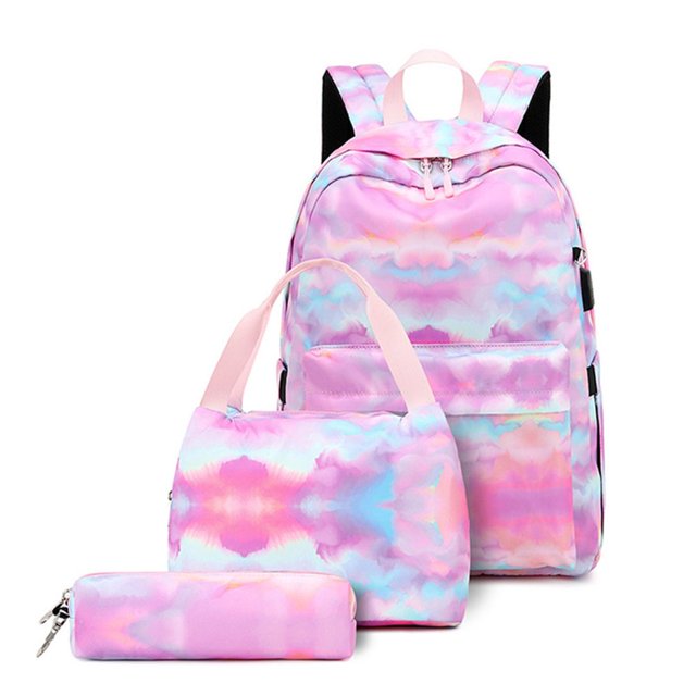 3Pcs/Set Student Backpack Ink Print Charging Port Smooth Zipper Backpack Lunch Bag Pencil Bag for Secondary School Student