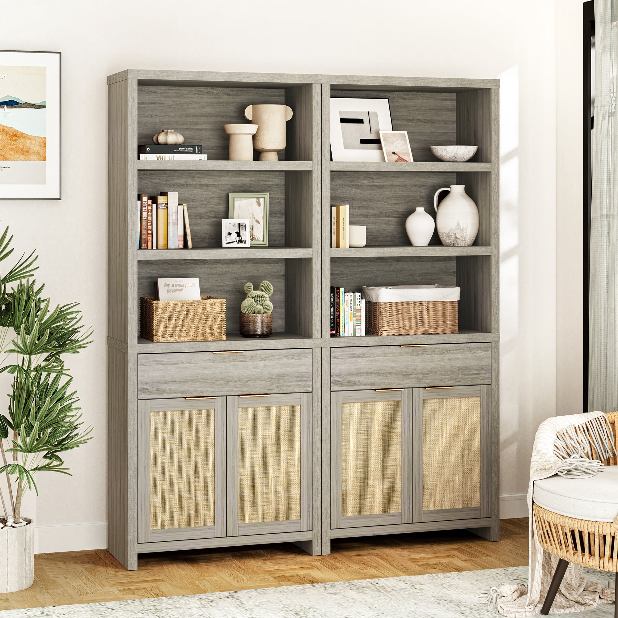 ARKANTOS Rattan Bookcase with Doors, 5 Shelf Adjustable Bookshelf and Storage Cabinet, Mist Oak