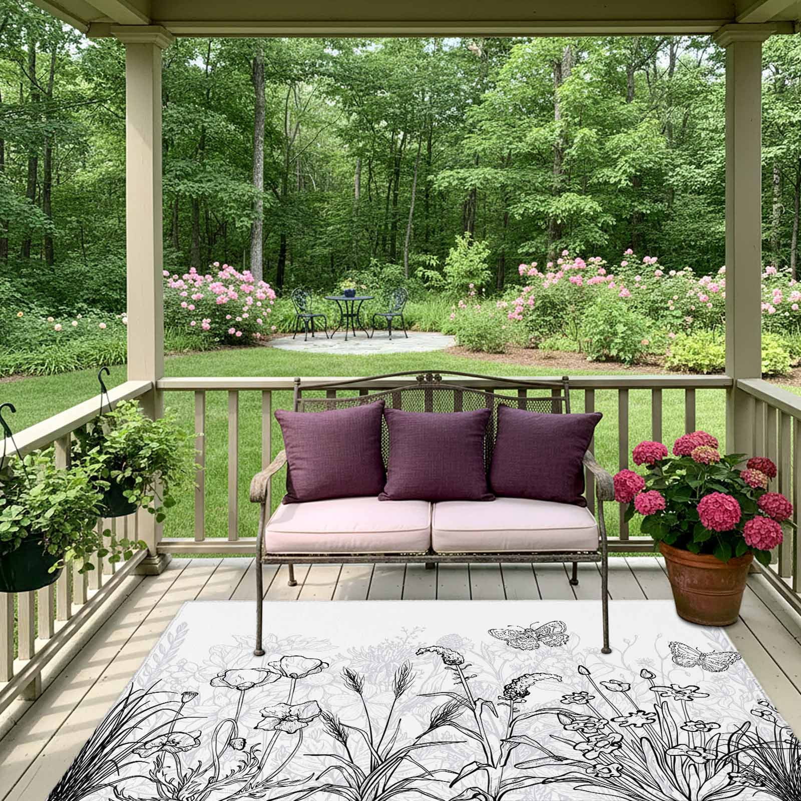 Outdoor Rug 5x8ft Simple Style Floral Large Area Rug Grey Plant Line Art Indoor Outdoor Carpet Outdoor Rugs Mats for Patio Camping,RV,Front Door, Outside Decor