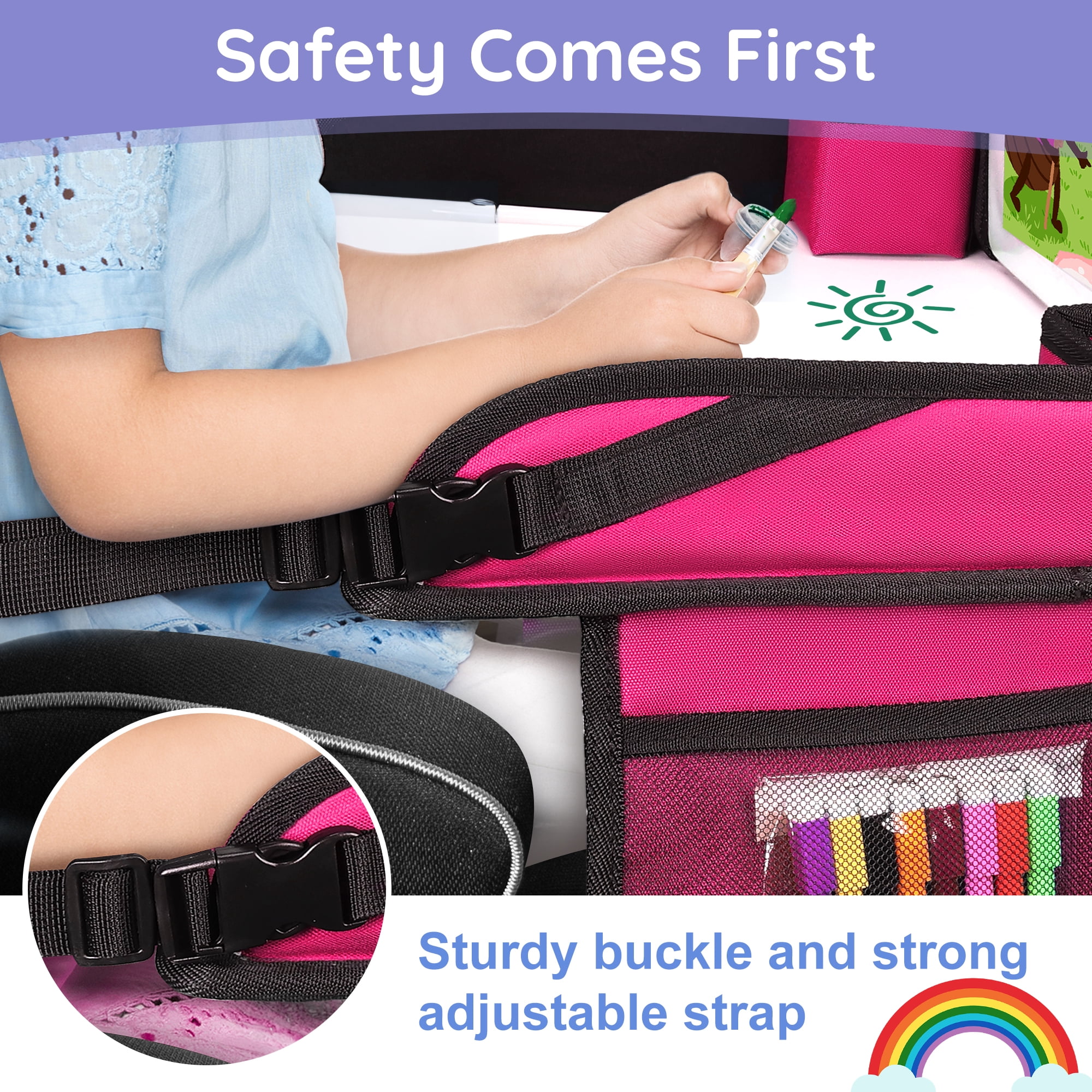 Kids Travel Tray, Play Tray For Kids Car Seat, Toddler Road Trip Essentials, Drawing Lap Tray With Storage Space for Airplane, Multifunctional Activity Tray Road Trip Must Haves For Kids , Pink