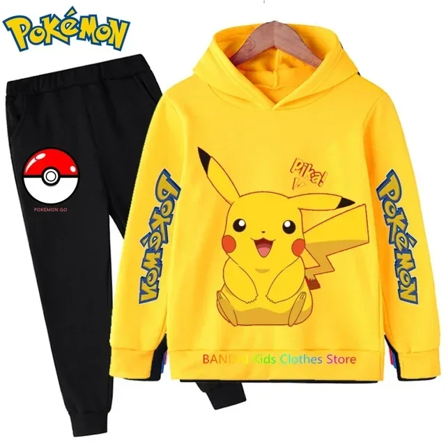 Conjunto de manga larga de Pikachu para niños, chándal informal de Pokémon, Sudadera con capucha y pantalones, 3 a 14 años