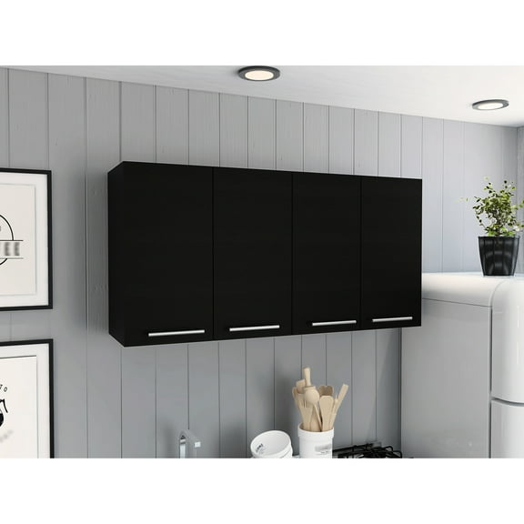Four Doors Black Wall Cabinet With Two Cabinets - Practical Kitchen Storage For And Shelves Space Saving Unit