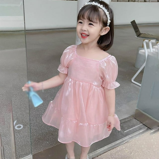 MesaSe Robe d'Été pour Filles Couleur Unie Col Carré Manches Bouffantes Princesse Coréenne Douce
