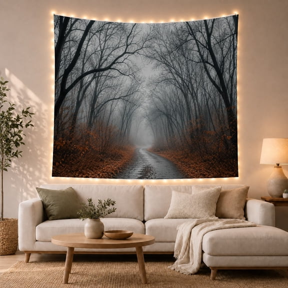 Misty Autumn Forest Pathway with Fallen Leaves Moody Boho for Nature Lovers, Forest Wall Art Decor, Thanksgiving Gift Tapestry Wall Hanging for Bedroom and Living Room