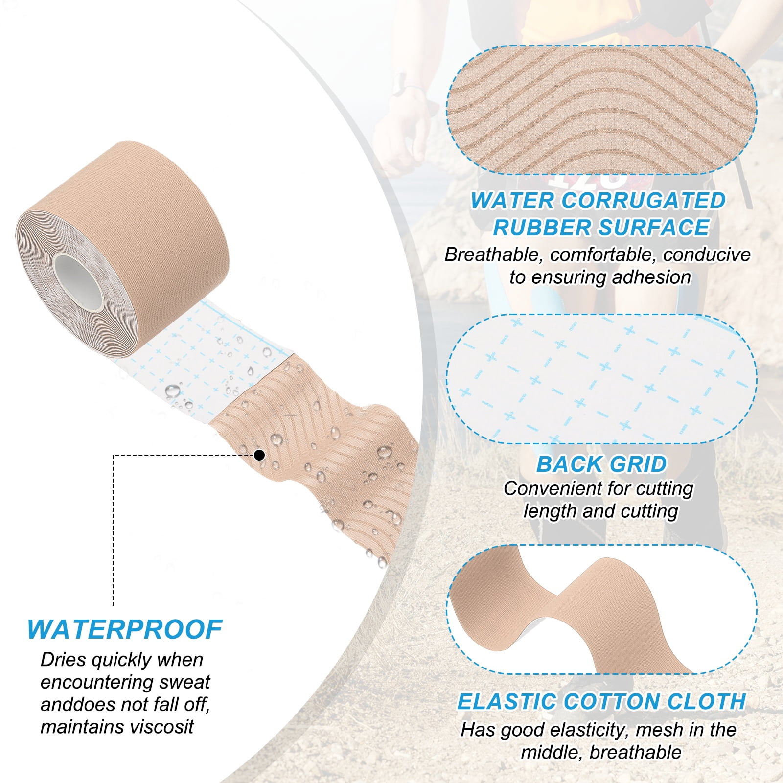 Uxcell Kinesiology Tape, Adhesive Cotton Sport Muscle Support Tapes Waterproof Elastic Tape for Knee Ankle Wrist Shoulder Light Skin Color