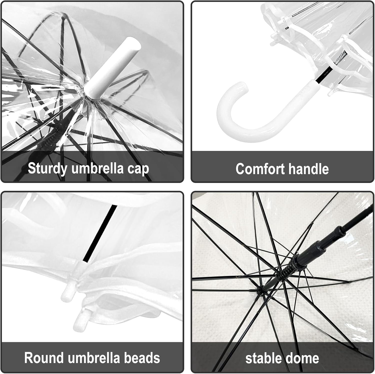 Clear Dome Umbrella with White Handle, Transparent Bubble Umbrella for Adults, Long Handle, 2 Pack