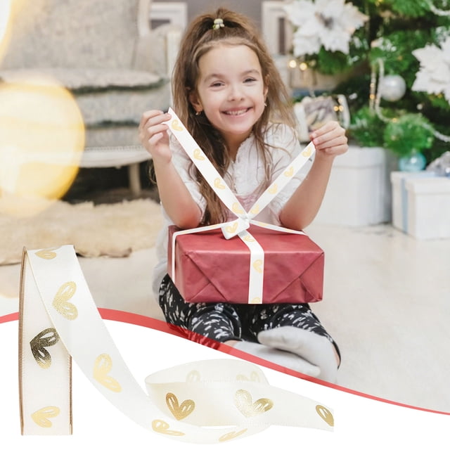 Gold Foil Printed Heart Ribbon DIY Handmade Ribbon Gift Baking Satin Ribbon Bouquet Ribbon