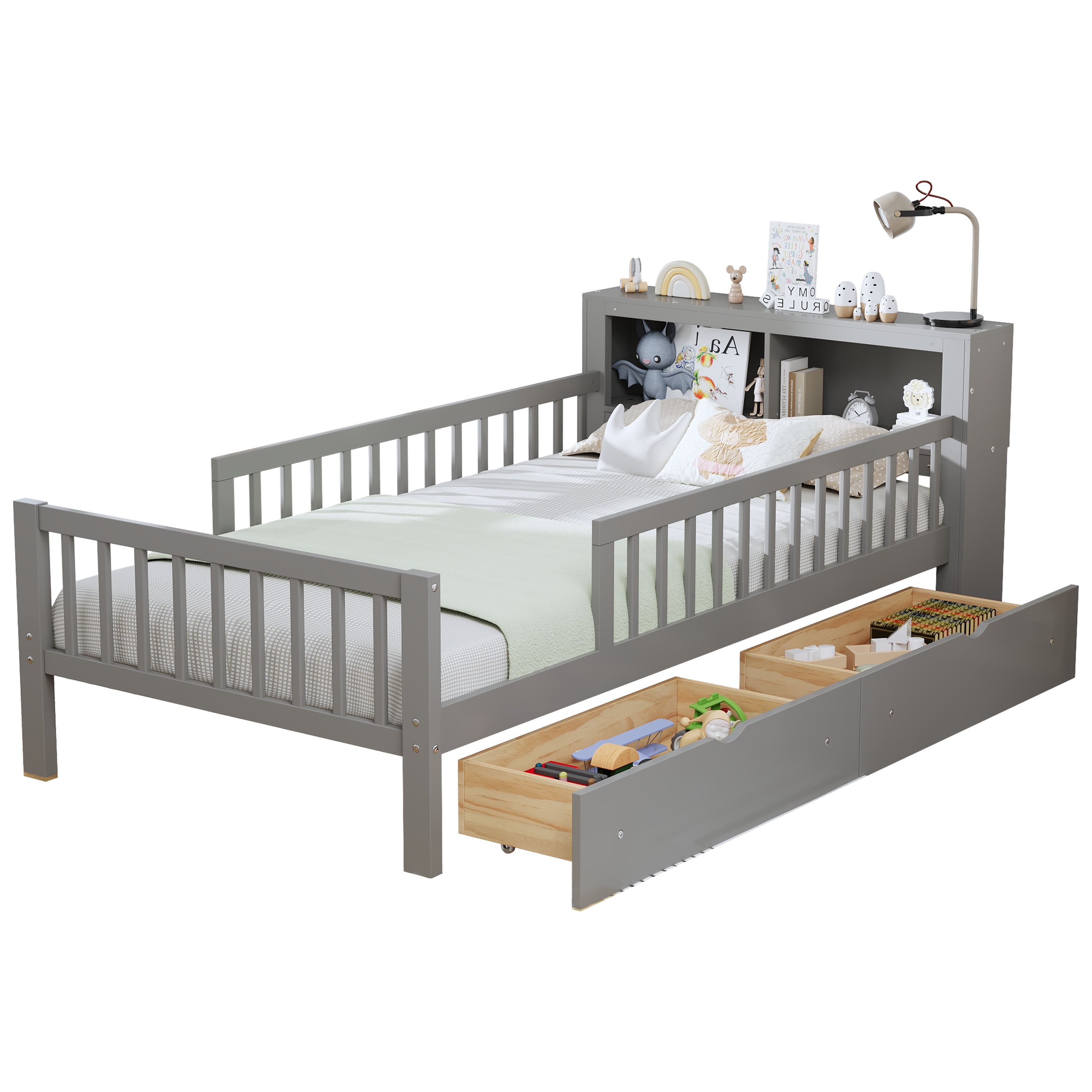 Euroco Wood Twin Size Platform Bed with Storage Headboard and Drawers, Low Profile Bed with Guardrails for Kids and Toddlers, Gray