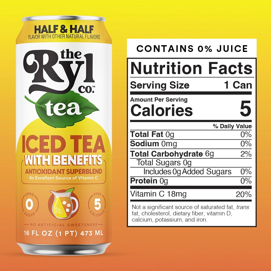 (6 pack) Ryl Iced Tea, Half & Half (Tea/Lemonade), Antioxidant Superblend, Zero Sugar, Low Carb, Zero Calorie Iced Tea, 16.0 fl oz, Can