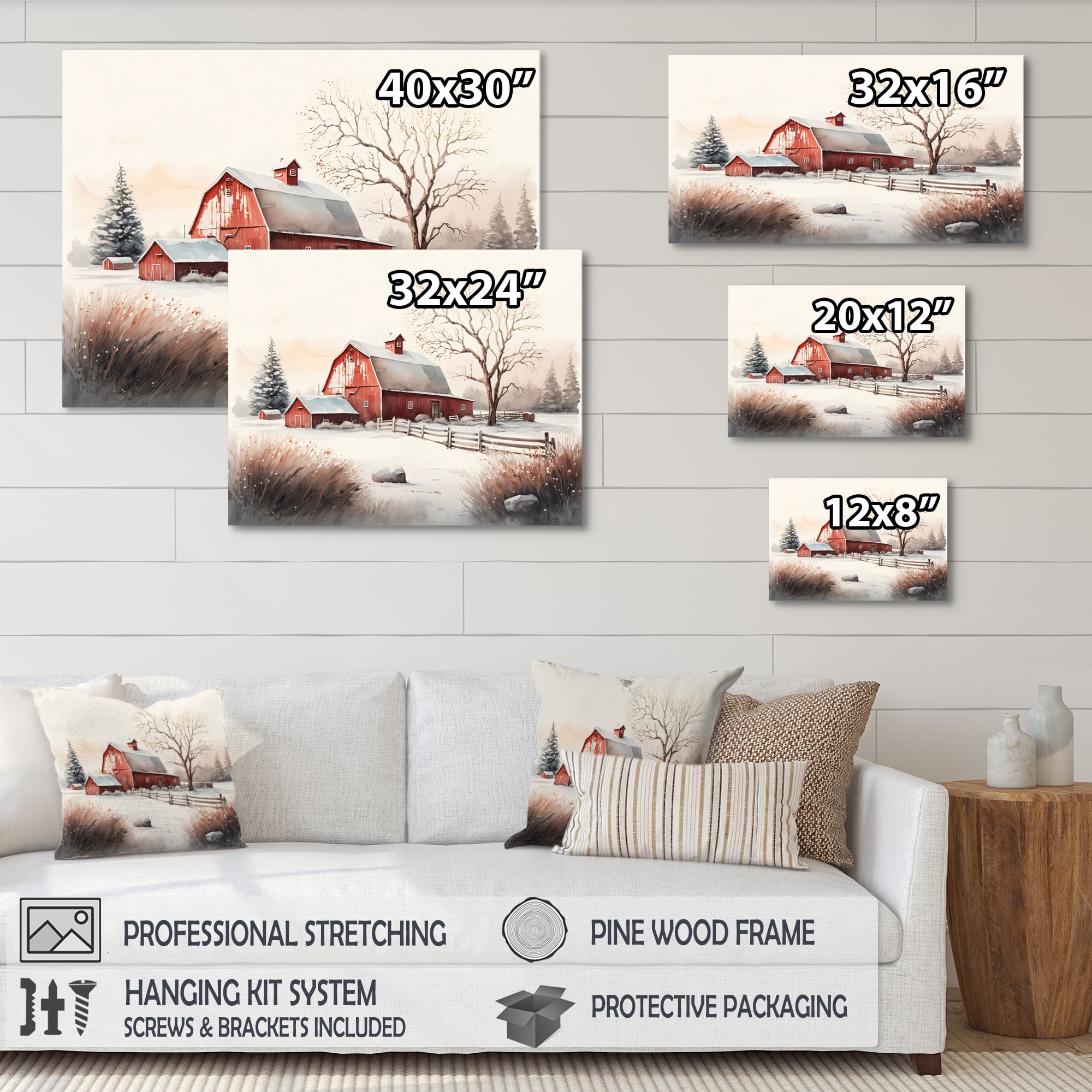 Designart Calm Red Barn In Winter V Canvas Wall Art
