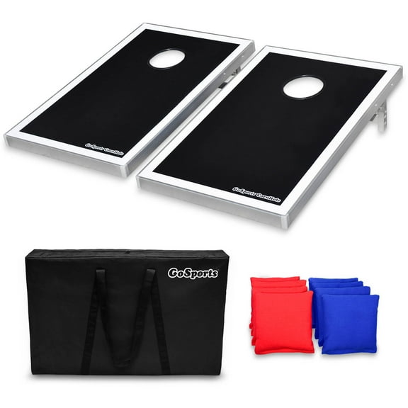 GoSports Foldable Cornhole Boards Bean Bag Toss Game Set, Superior Aluminum Frame, Black Design w/ 8 Bean Bags and Portable Carrying Case
