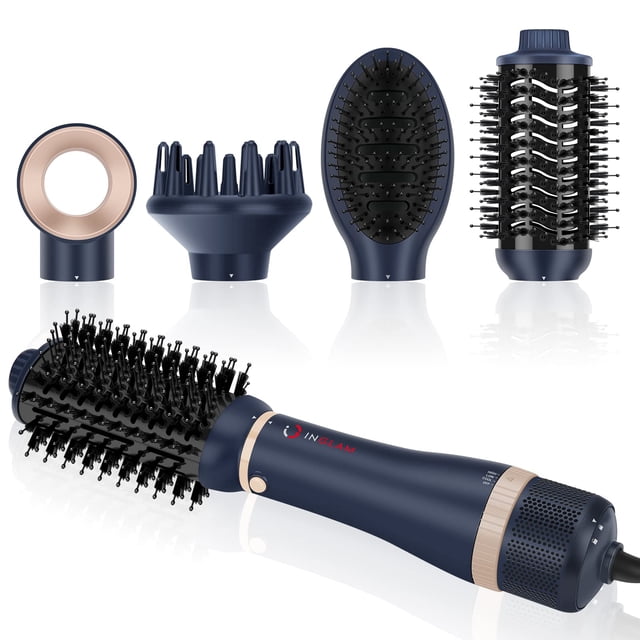 Juego de cepillos para secador de pelo IG INGLAM 4 en 1, secador de pelo de iones negativos desmontable y voluminizador, cepillo secador de aire caliente con 2 cabezales de peinado, azul de Prusia.