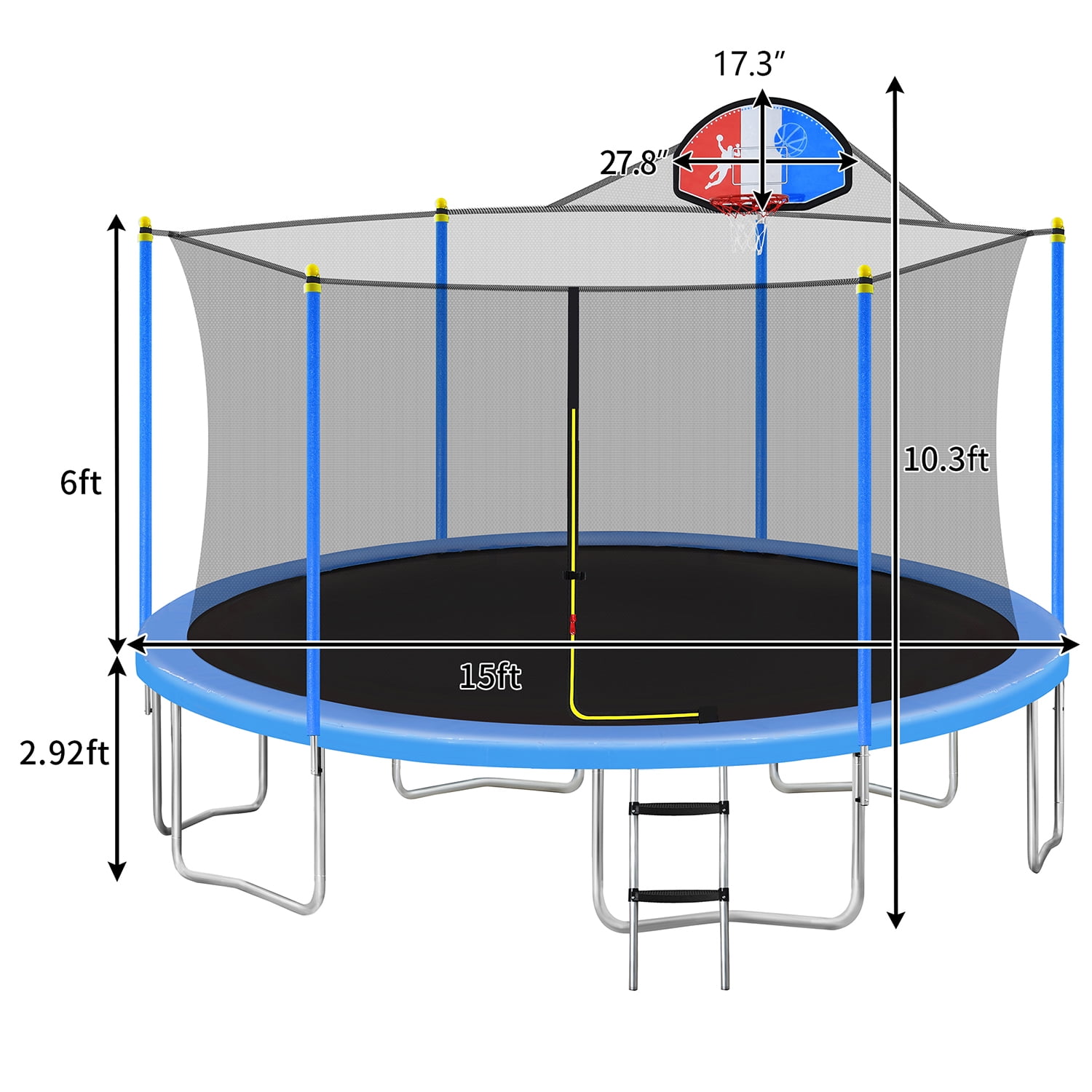 Kadyn 15FT Jumping Trampoline, Metal Mini Small Trampolines with Basketball Hoop and Ladder, Round Recreational Trampoline with Safety Enclosure Net, Blue Kadyn 15FT Jumping Trampoline, Metal Mini Small Trampolines with Basketball Hoop and Ladder, Round Recreational Trampoline with Safety Enclosure Net, Blue