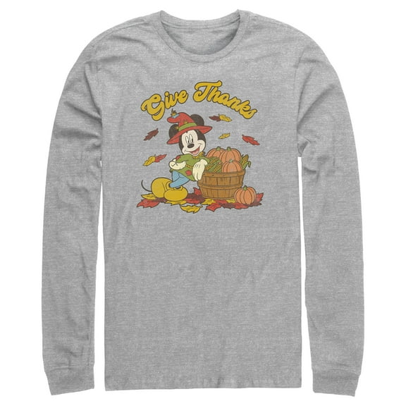Men's Mickey & Friends Give Thanks Scarecrow Mickey Long Sleeve Shirt Athletic Heather X Large