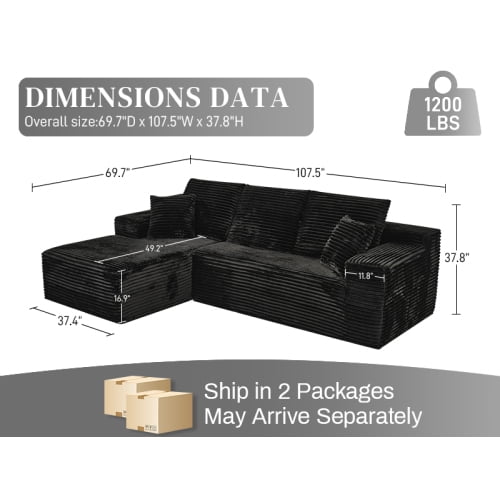 107" Modular Cloud Combination Sofa, L-Shaped Sleeper Sectional with Reclining Chaise, Rabbit Hair Corduroy, Deep Seat, Black