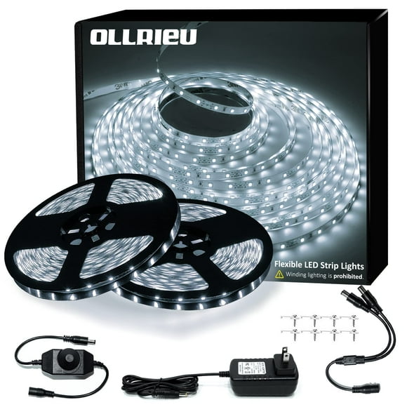ollrieu White LED Strip Lights, 100ft Dimmable 6000K Bright White Strip Lighting,30M 1200 LEDs 2835 Flexible Ribbon Light, 12V Rope Lights for Kitchen, Under Cabinet, Bedroom, Wardrobe