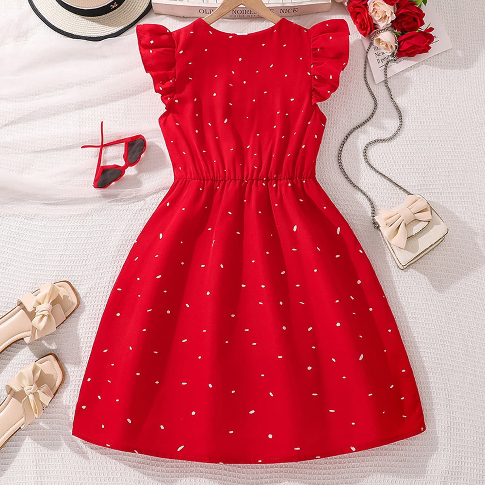 Robe été Fille Sans Manches - Coupe A Boutonnée Avec Volants, Légère Et Décontractée Pour Le Printemps Et L'été
