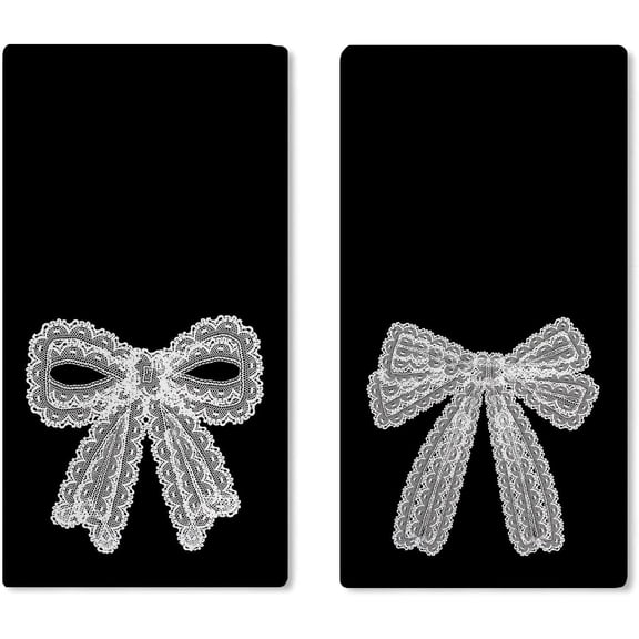Black White Lace Bow Kitchen Dish Towels Set of 2, Coquette Ribbon Preppy Drying Hand Towel Baking Cooking Cloth, Gothic Dark Aesthetic Bathroom Home Decoration Gifts for Girls Women 18''x26''