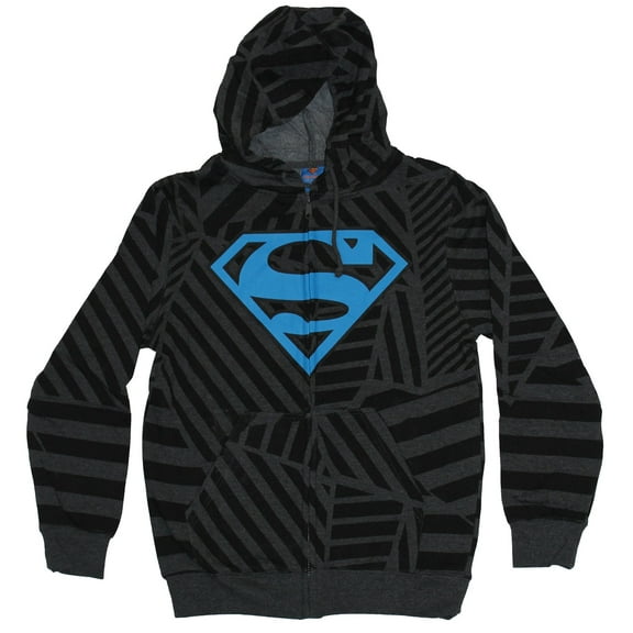 Superman (DC Comics) Mens Hoodie Sweatshirt - Blue Logo On top Of Crazy Lines (Small)