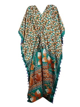 Mogul Women's Green Orange Printed Caftan V-Neck Summer Style Beach Cover Up Pom Pom Tassel Long Maxi Kaftan 3X