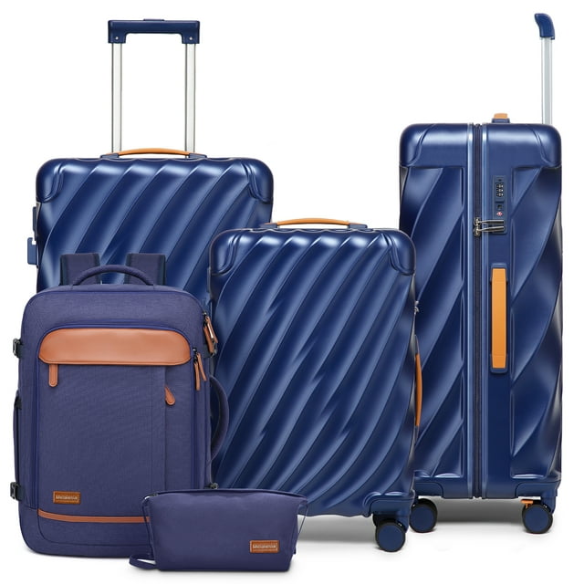 Joyway 5-Piece Luggage Set PC Ultra-Hard Shell Lightweight Suitcase TSA Lock Brake Spinner Wheels (20/24/29) with Backpack Blue