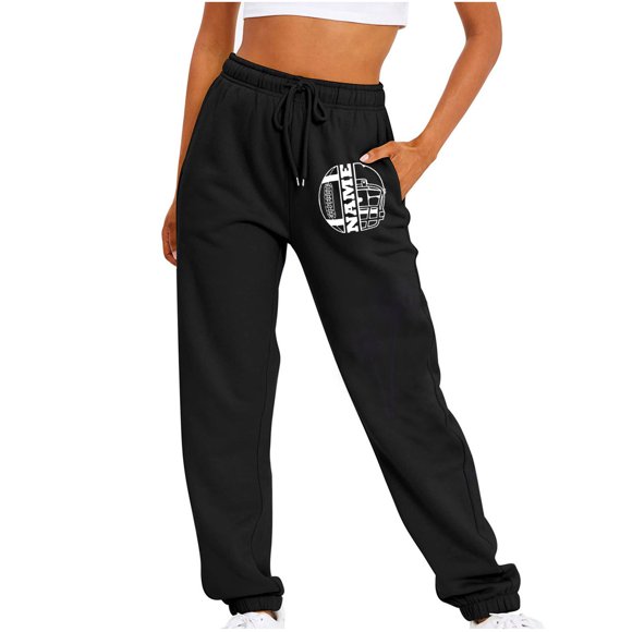 Virmaxy Womens Jogger Pants with Pockets Super Bowl Casual Loose Yoga Sweatpants Loose Fitting Casual Sports Solid Color Rugby Printed Long Pants Black-E L