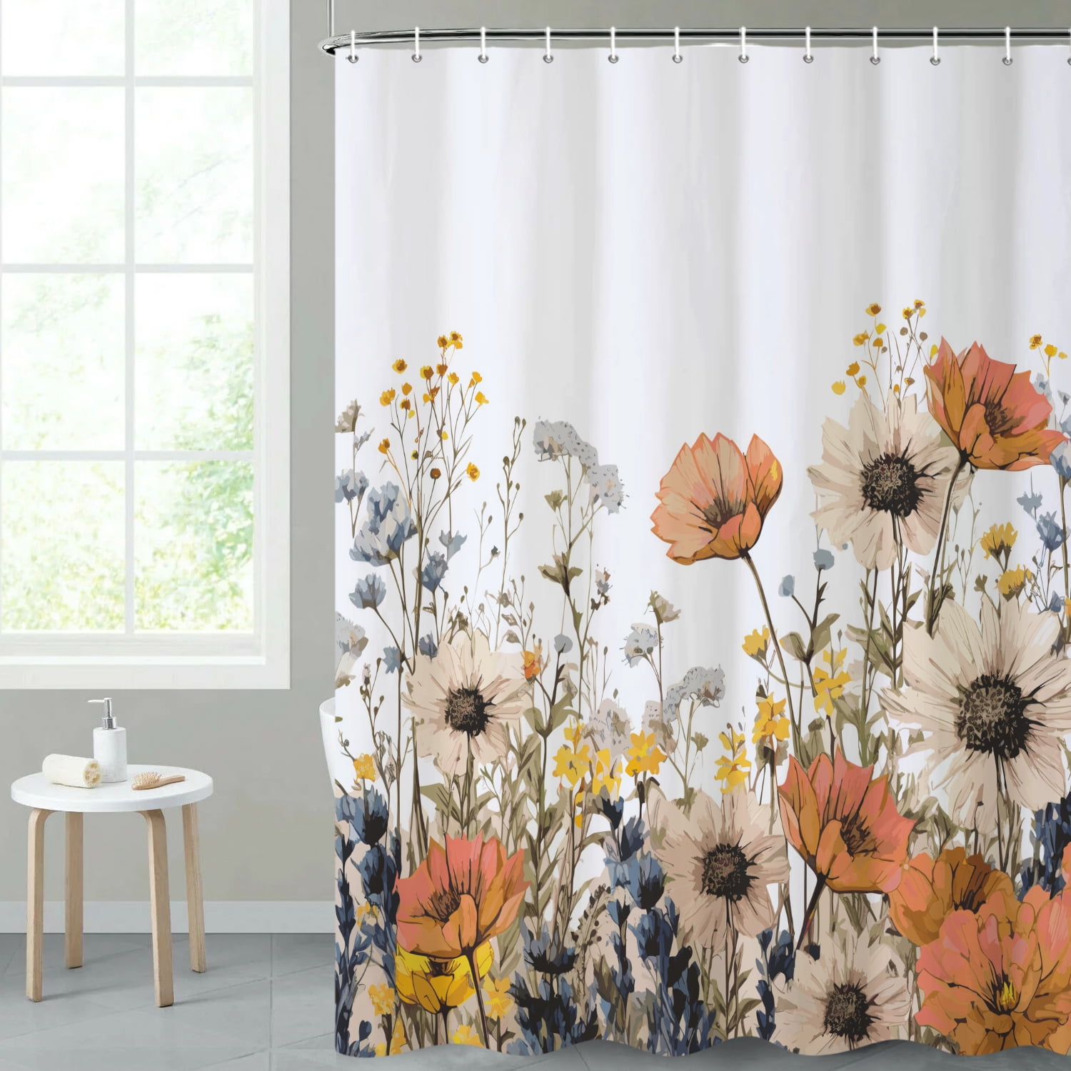 SUNOLIFE Spring Floral Shower Curtain,Orange Flowers Waterproof Polyster Bathroom Curtain,72x72 in