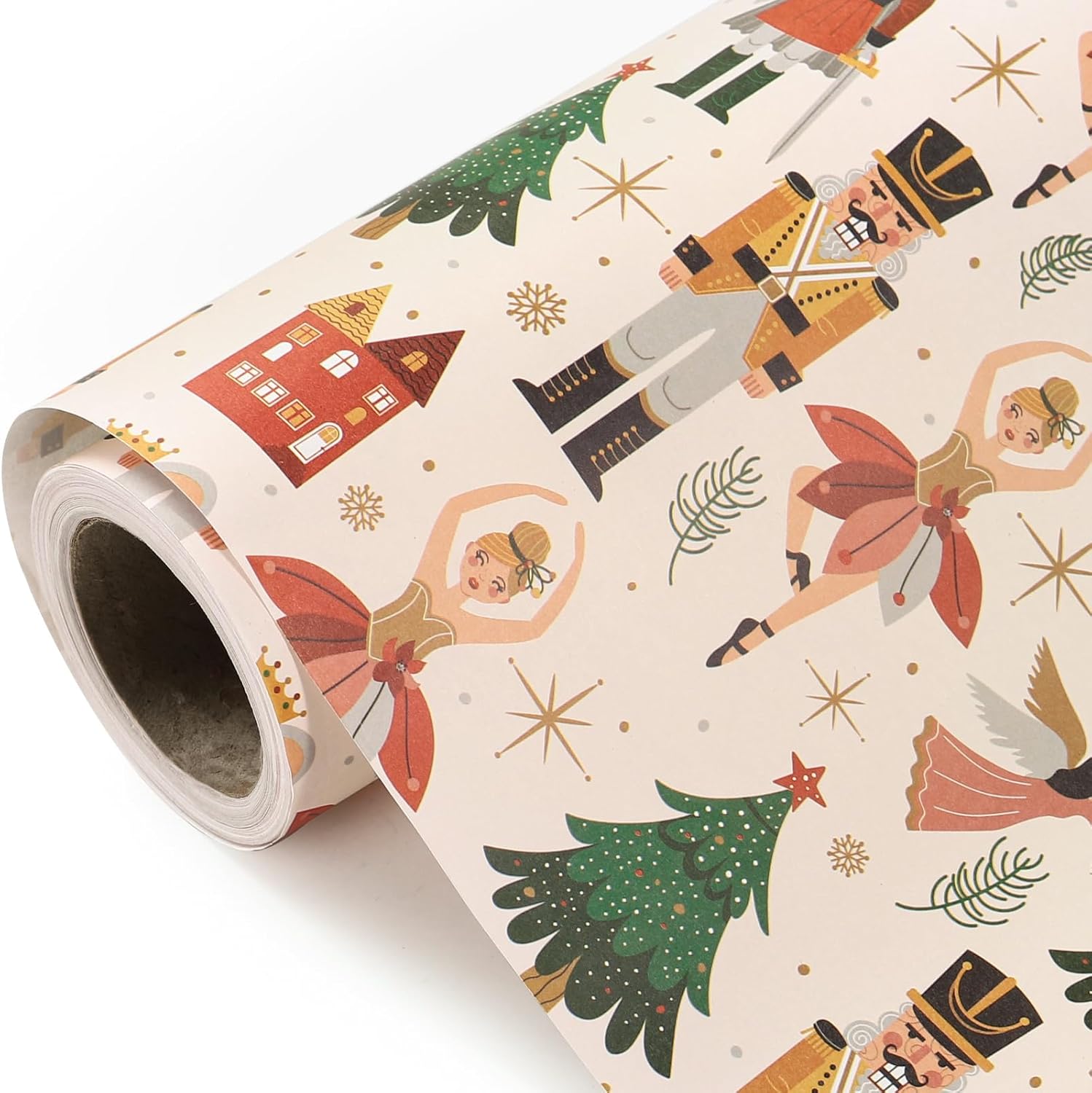 Kraft Christmas Wrapping Paper - Mini Roll - 17 Inch x 33 Feet - Sugar Plum Fairy Wrapping Paper with Christmas Tree Design for Holiday, Party Celebration