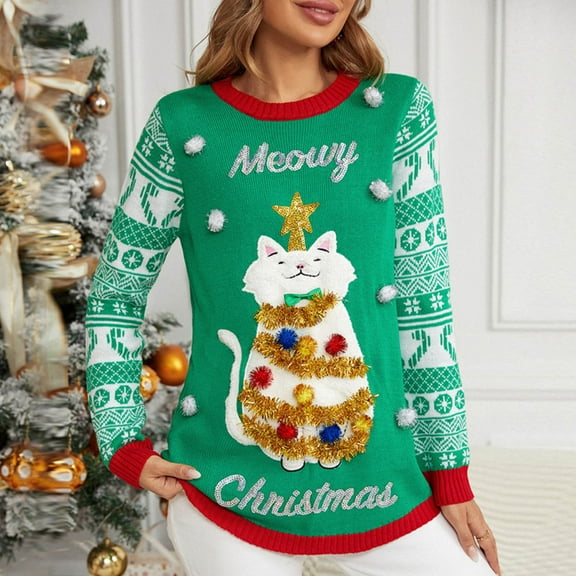 Aboser Women's Cute Ugly Christmas Sweater Funny Sequined Cat Knitted Tops Trendy Coloured Ribbon Pullover Sweaters with Christmas Balls
