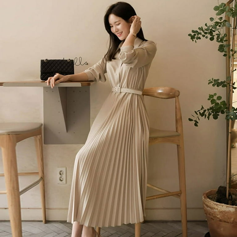 DanceeMangoo Elegant High Waist Pleated Dress Women Korean Fashion with  Belt Shirt Dresses Female Autumn Long Sleeve Midi Dress
