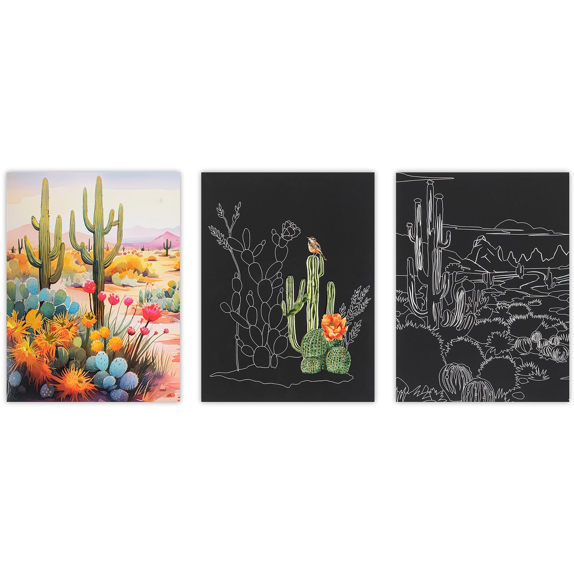 Brea Reese: Scratch Art Paper Pad - Cactus - 6 Landscape Designs, Guided Art, Metallic Accents, Dual-Tip Stylus & Brush, 9x12" Pages, Adult Craft