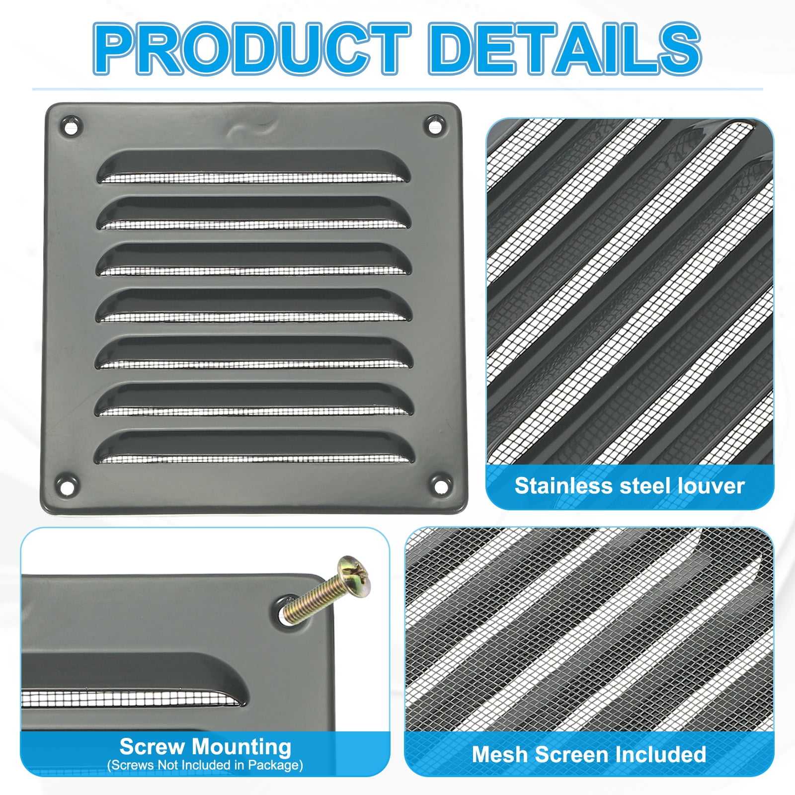 Uxcell Aluminum Vent Cover, Screen Air Grille Ventilation Cover HVAC Louvered Grill for Home Kitchen Fireplace 6x6 Inch Gray