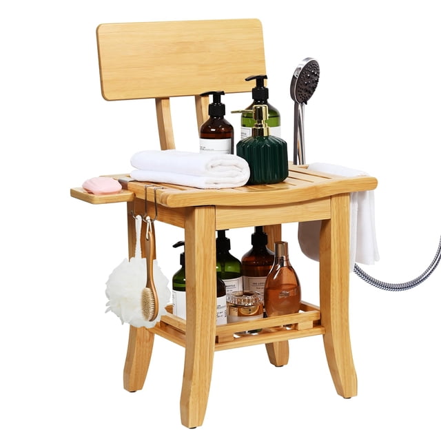 Silla de ducha Ollieroo de bambú de dos niveles para personas mayores y discapacitadas
