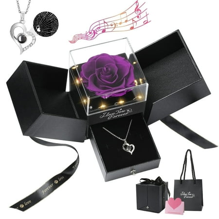 Emibele Preserved Rose Flower With Heart Necklace, Eternal Purple Real Rose With Music Led Lights,Gifts For Her Women Wife Grandma On Anniversary Mothers Day Birthday Valentines, Purple