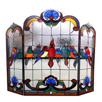 AVES Tiffany-glass Gathering Birds Design 3pcs Folding Fireplace Screen 40" Wide