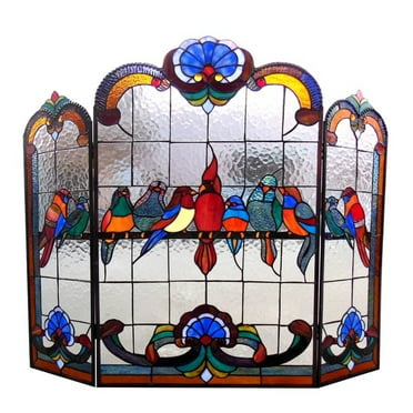 AVES Tiffany-glass Gathering Birds Design 3pcs Folding Fireplace Screen 40" Wide