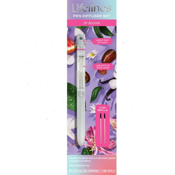 Lifelines Pen Diffuser Set, In-Bloom Scent, 1mm Black Ballpoint Pen with Scented Essential Oil Blend & 2 Ink Refills, Aromatherapy Diffuser & Sensory Immersion