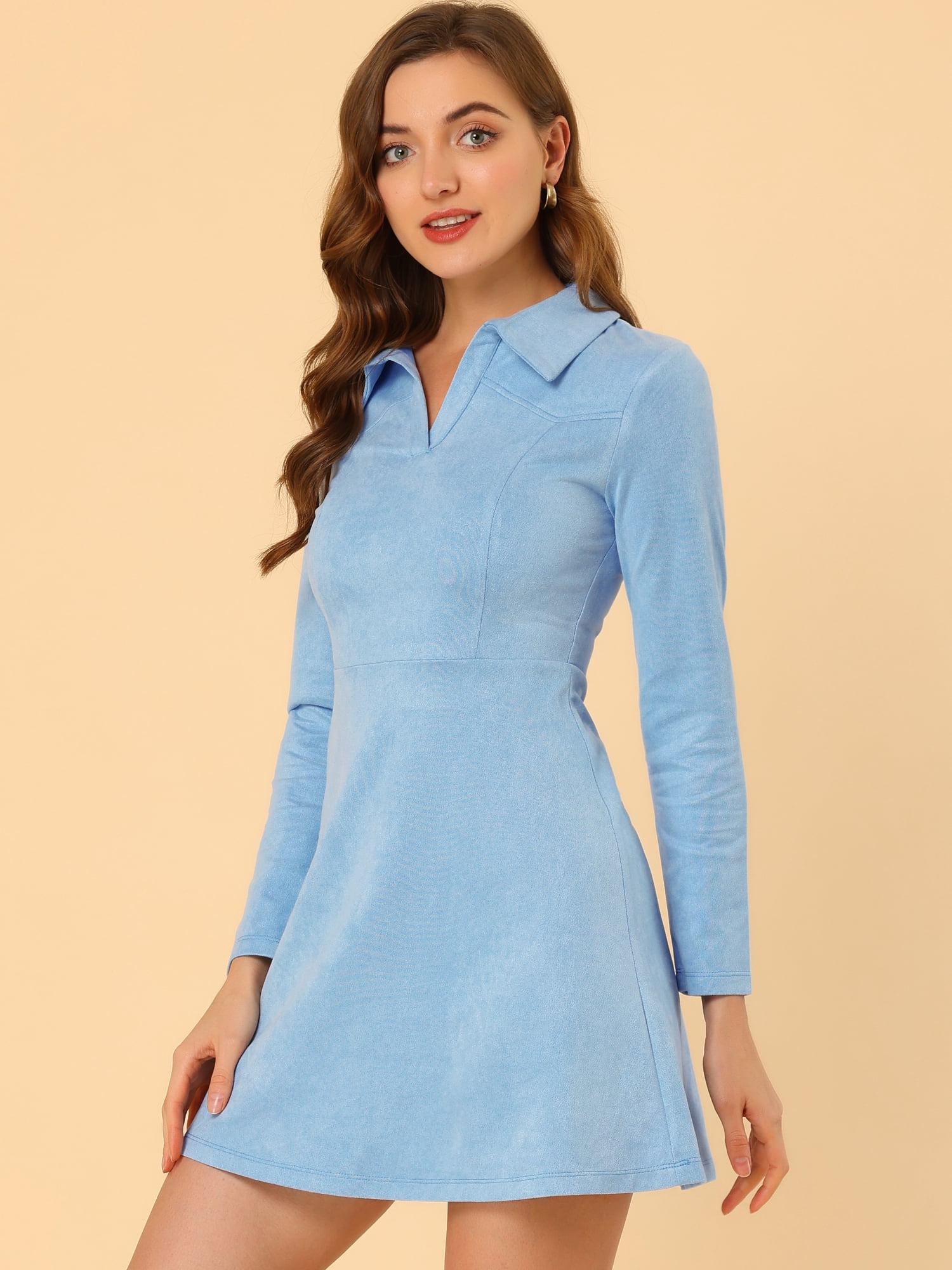 DARING DIVA Faux Suede Lapel Neck Long Sleeve A-Line Dress M Light Blue