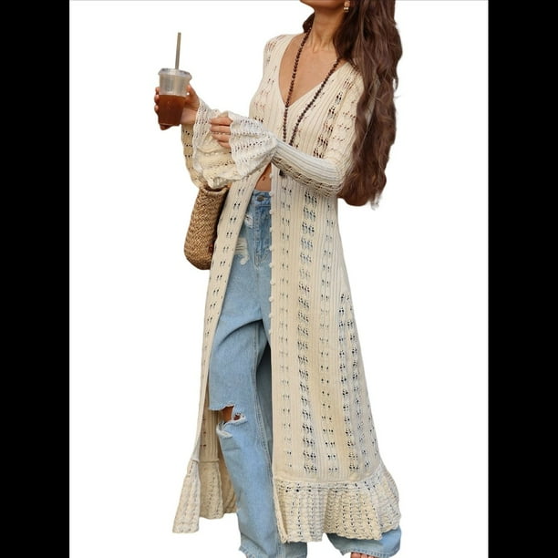 Vestido Elegante de Punto de Crochet para Mujer, con Botones, Aberturas, para Vacaciones Beige S