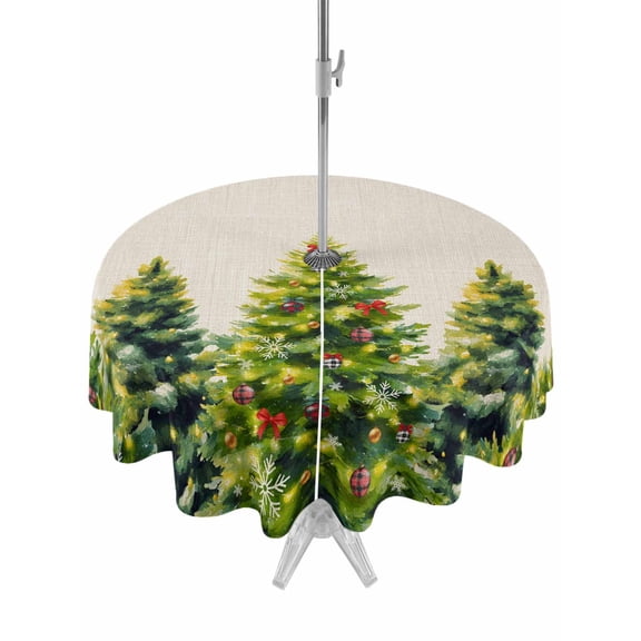 Outdoor Tablecloth with Umbrella Hole and Zipper, Christmas Snowflakes Round Table Cloth 60 Inch Waterproof Tablecloth, Xmas Winter Green Pine Trees Beige Picnic Table Cover for Patio Camping