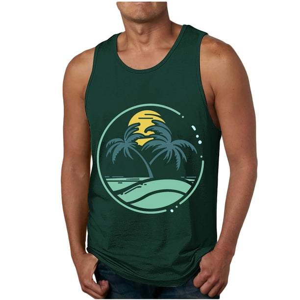 Mens Camisetas de Verano Casual sin Mangas de Impresión Suéter Cuello Redondo Deportes Superior, Poliéster