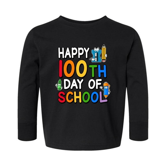 Wild Bobby Happy 100th Day of School Cute Pencil Marker, 100 Days of School 2024 2025 Design for Kids Youth Boys Girls School Toddler Long Sleeve Shirt