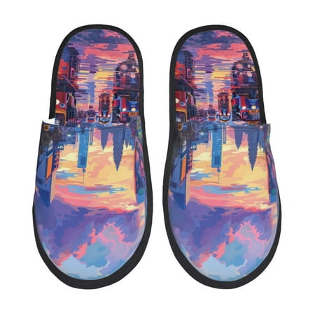 

Qekee Taxi Colorful Town print Slippers for Women and Men Fluffy Cute Cozy House Slipper Funny Furry Bedroom Slippers for Women Indoor -Large